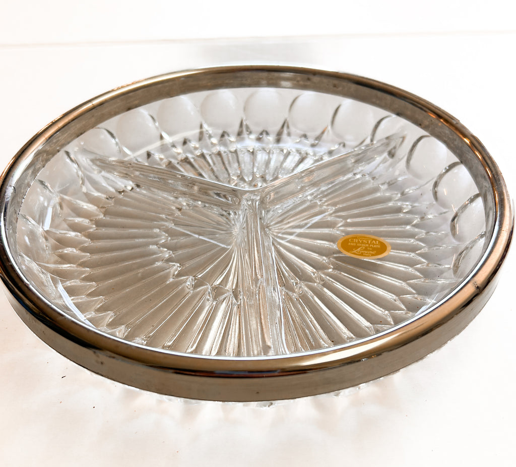 Modern Vintage Divided Serving Bowl Centerpiece SILVER RIM Leonard Crystal