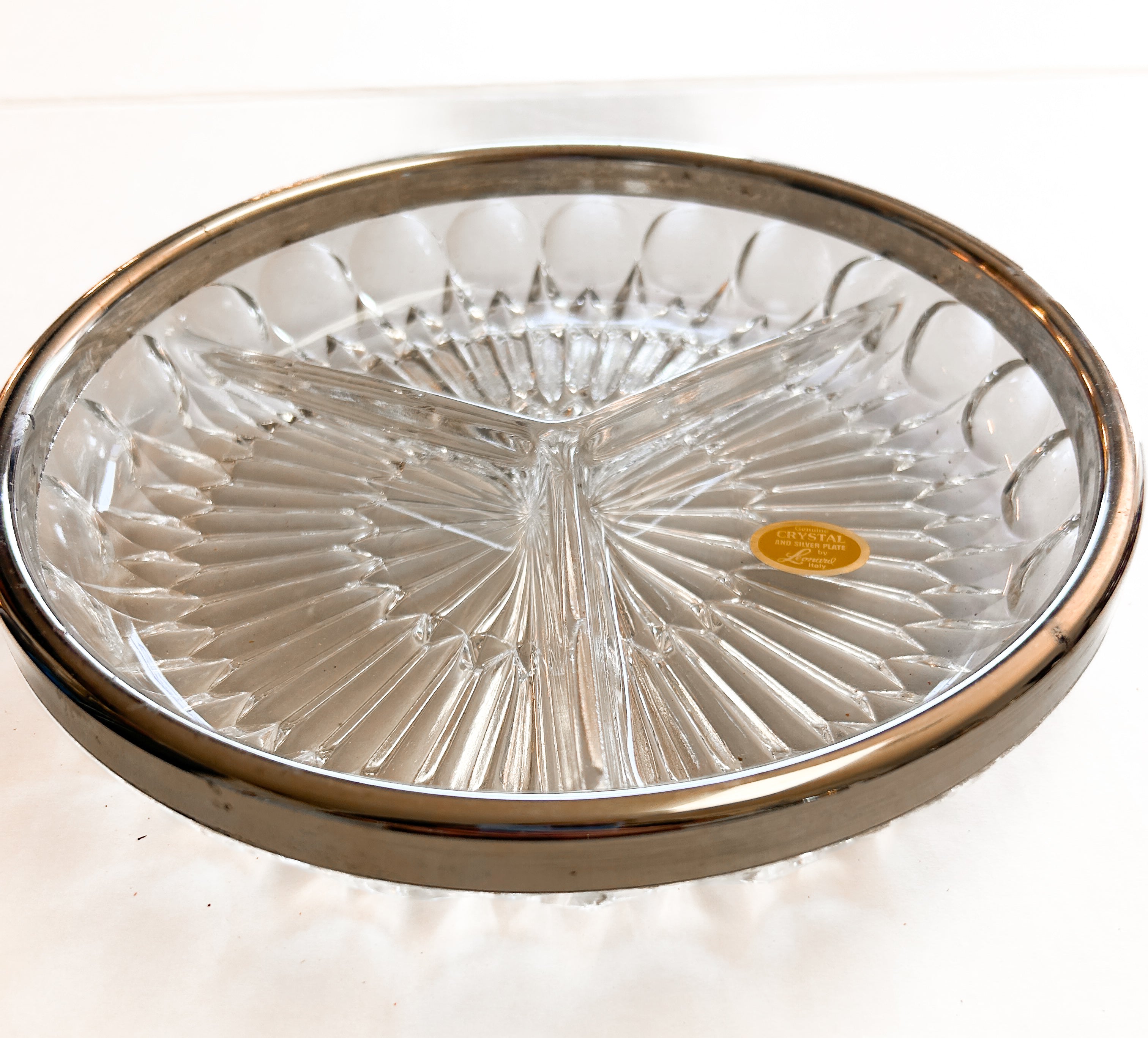 Modern Vintage Divided Serving Bowl Centerpiece SILVER RIM Leonard Crystal