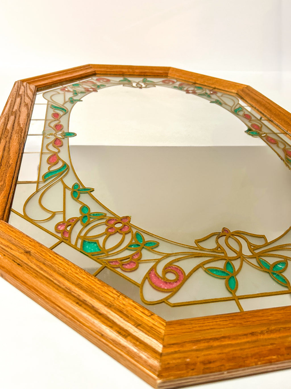 Vintage Octagonal Floral Etched Mirror Retro 1980s Stained Glass Wood Frame