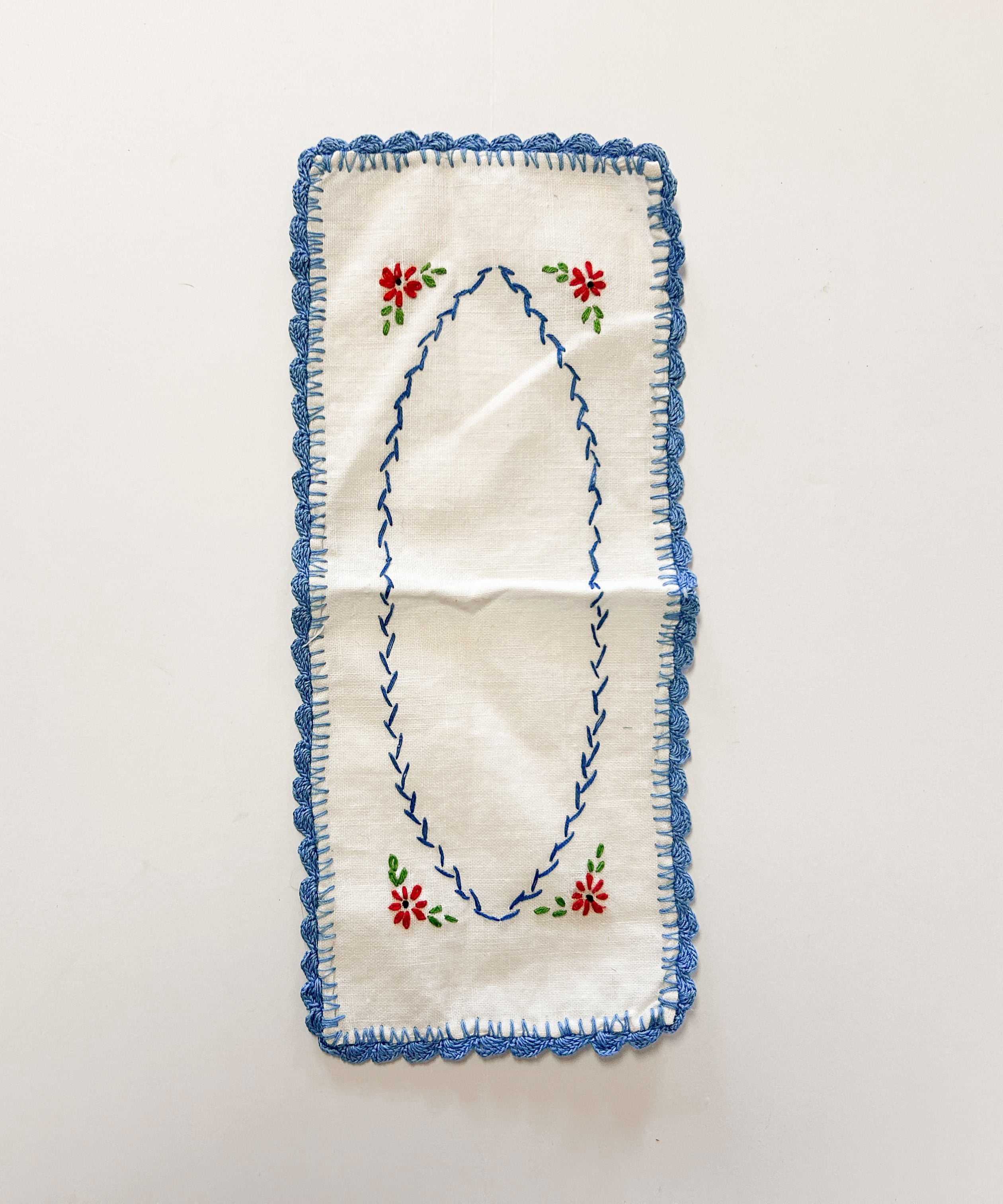 Small Vintage Linen Embroidered Dresser Scarf
