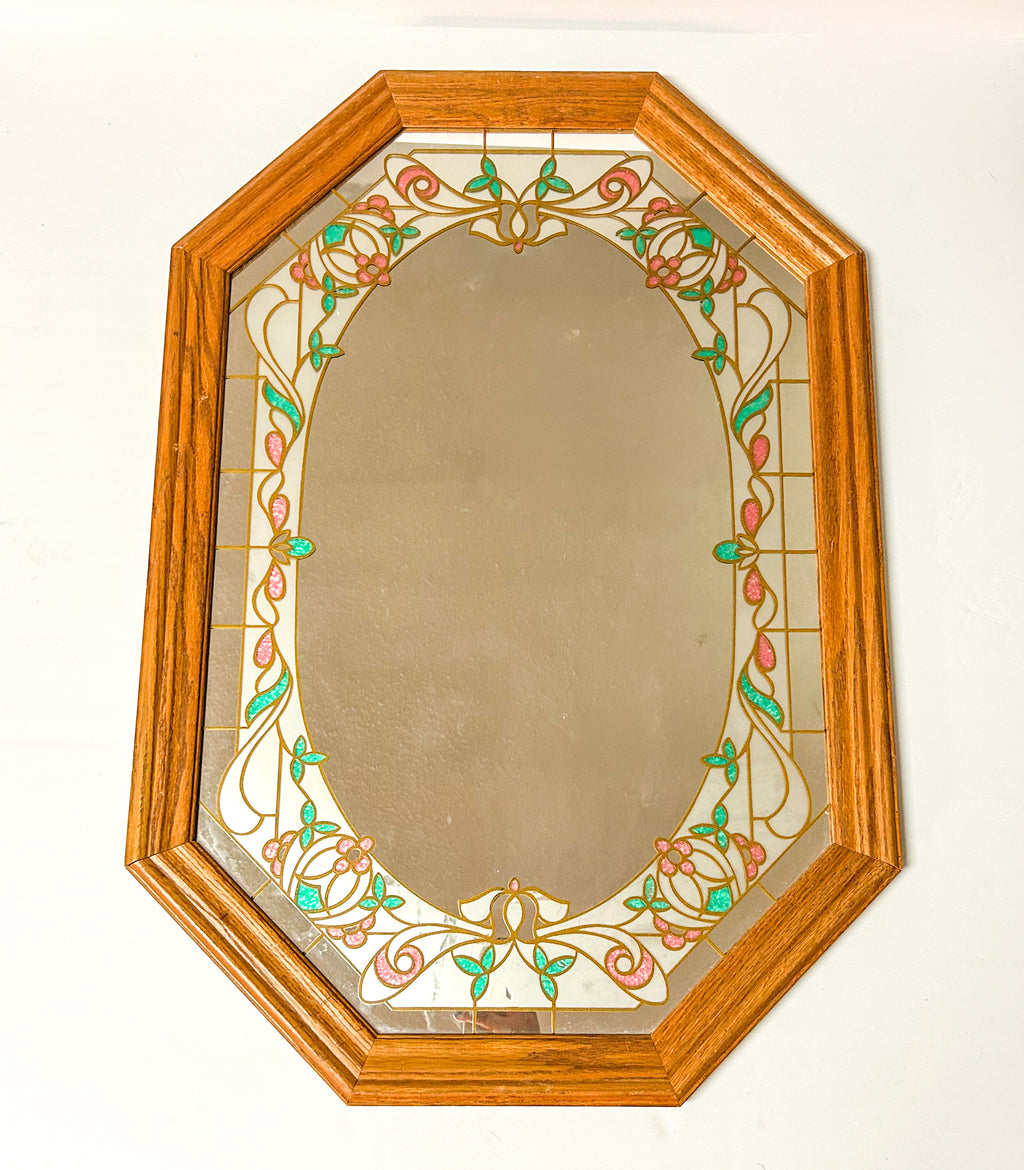 Vintage Octagonal Floral Etched Mirror Retro 1980s Stained Glass Wood Frame