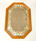 Vintage Octagonal Floral Etched Mirror Retro 1980s Stained Glass Wood Frame